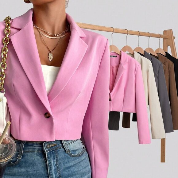 Baby Pink Elegant Women's Lapel Collar Single Button Blazer Workwear - Picture 1 of 7